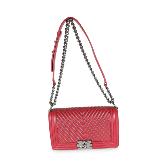 Chanel Burgundy Chevron Calfskin Chain Medium Boy Bag - Picture 6 of 8
